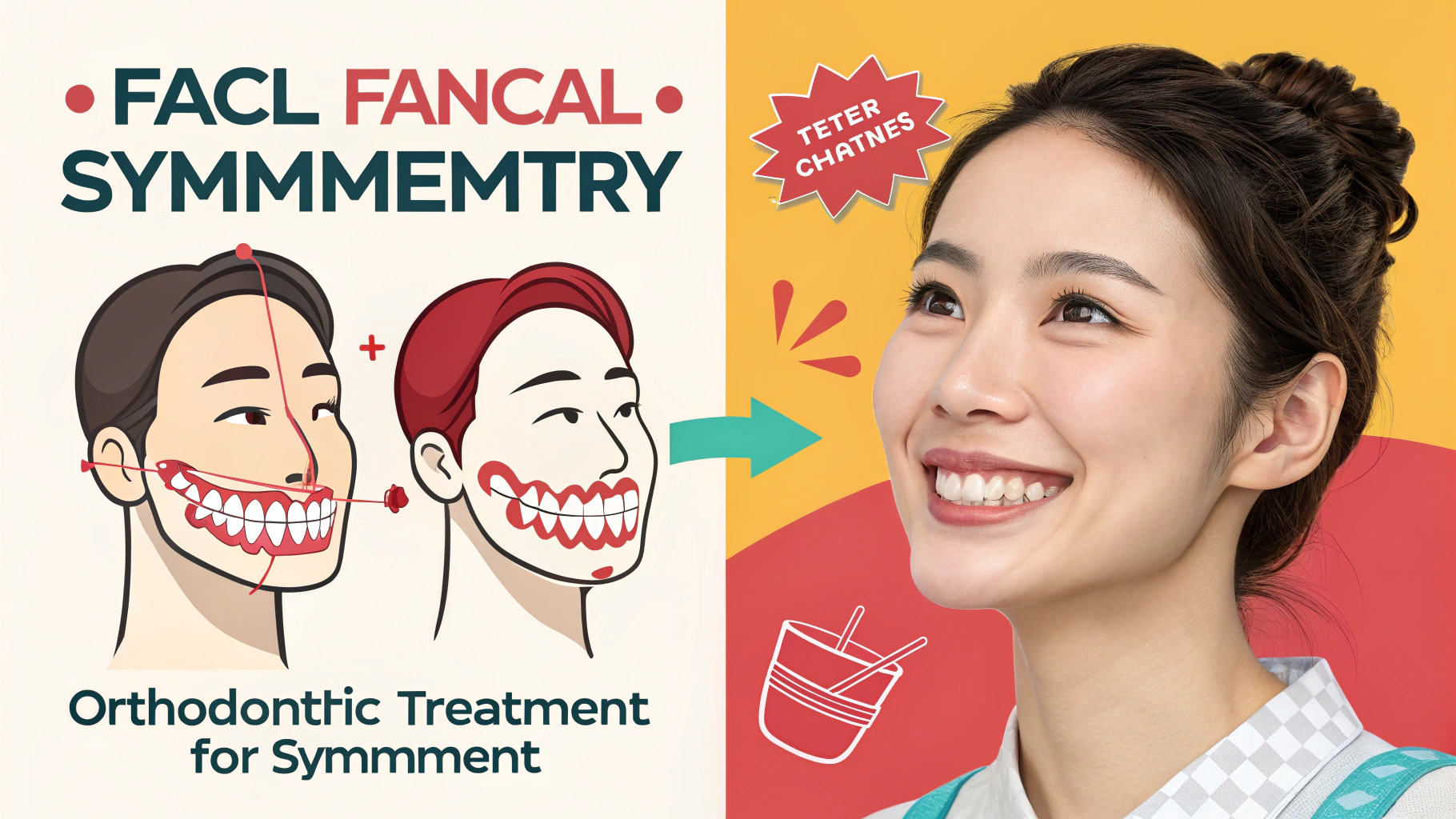 歯並び矯正治療の効果を表すイラストと笑顔の女性