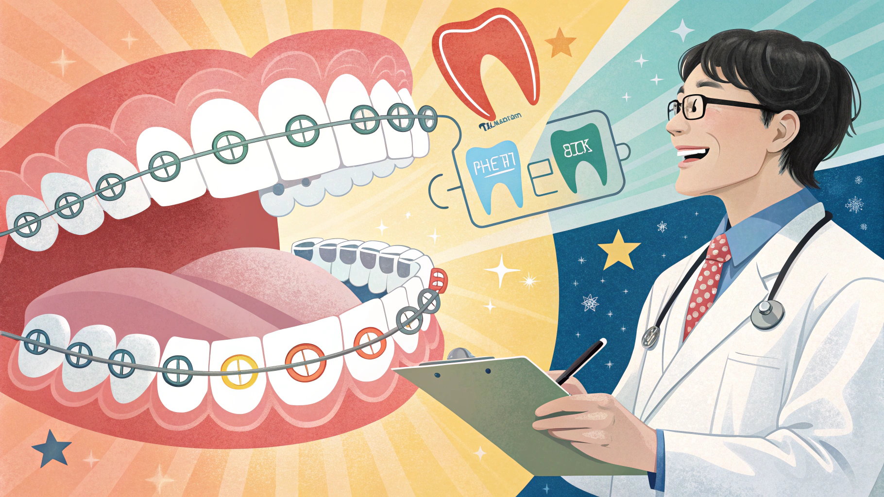 歯の矯正治療の説明をする歯医者のイラスト