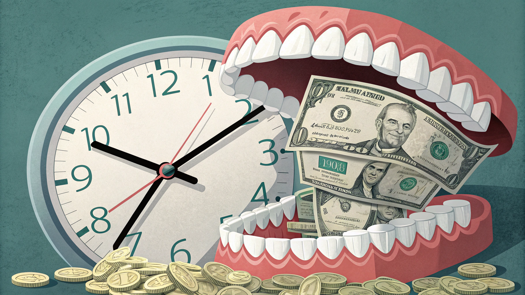 お金を食べる口と時計とコイン