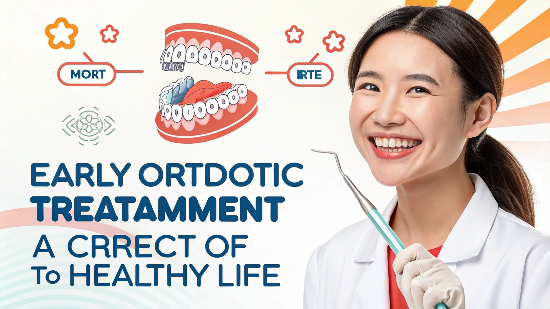 歯ならび矯正のイメージ図と笑顔の歯科医