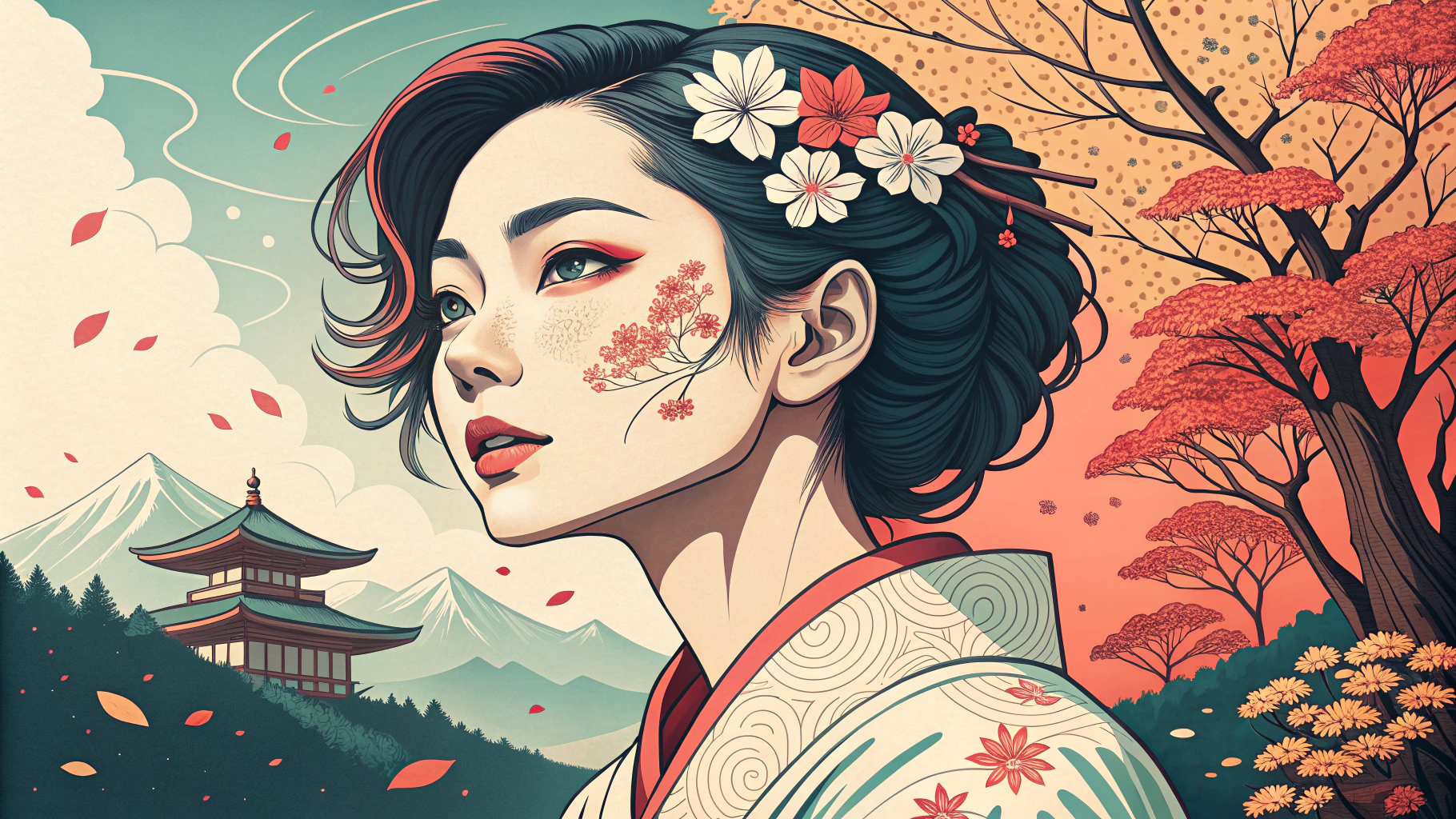 花飾りをつけた女性と日本の風景