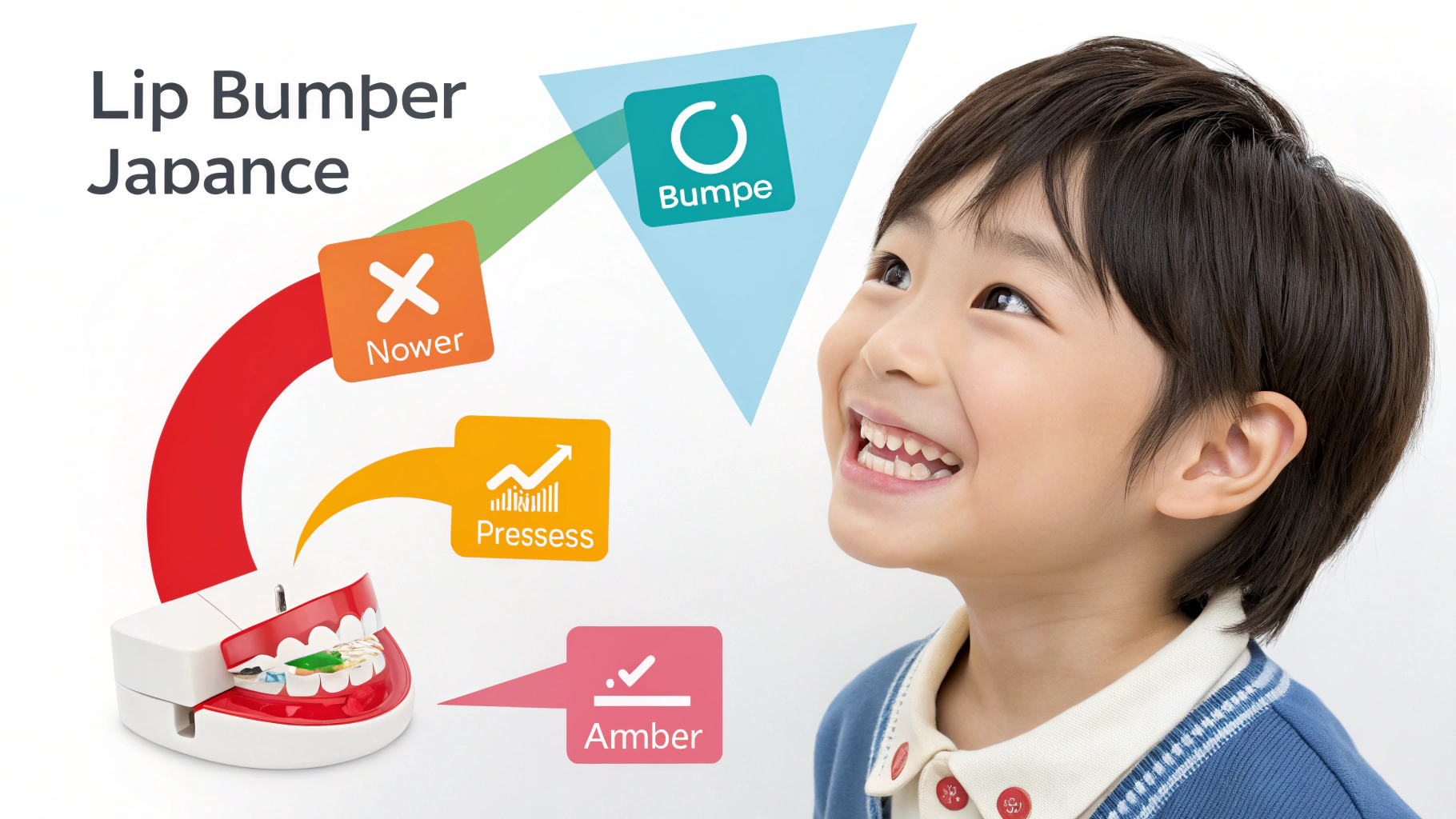 リップバンパーの説明図と笑顔の男の子