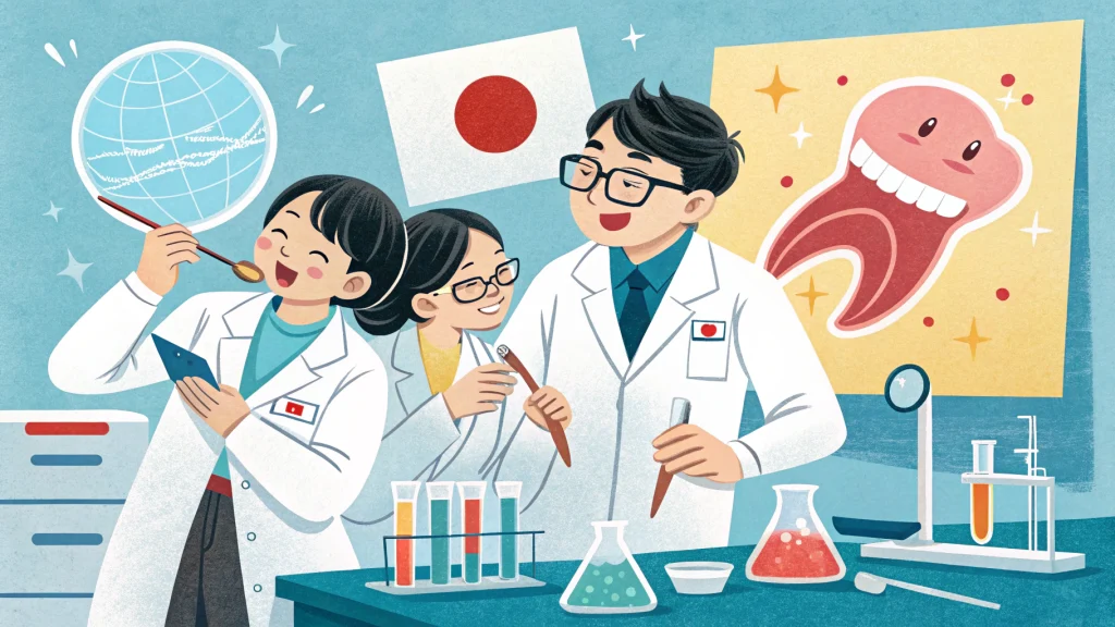 日本の研究者たちが歯について研究しているイラスト
