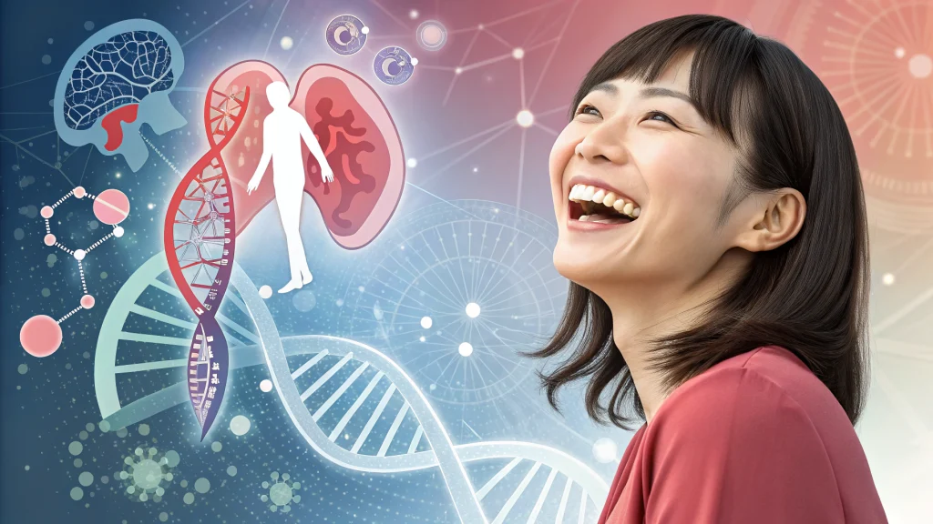 健康を喜ぶ笑顔の女性と人体図DNA図のイメージ画像
