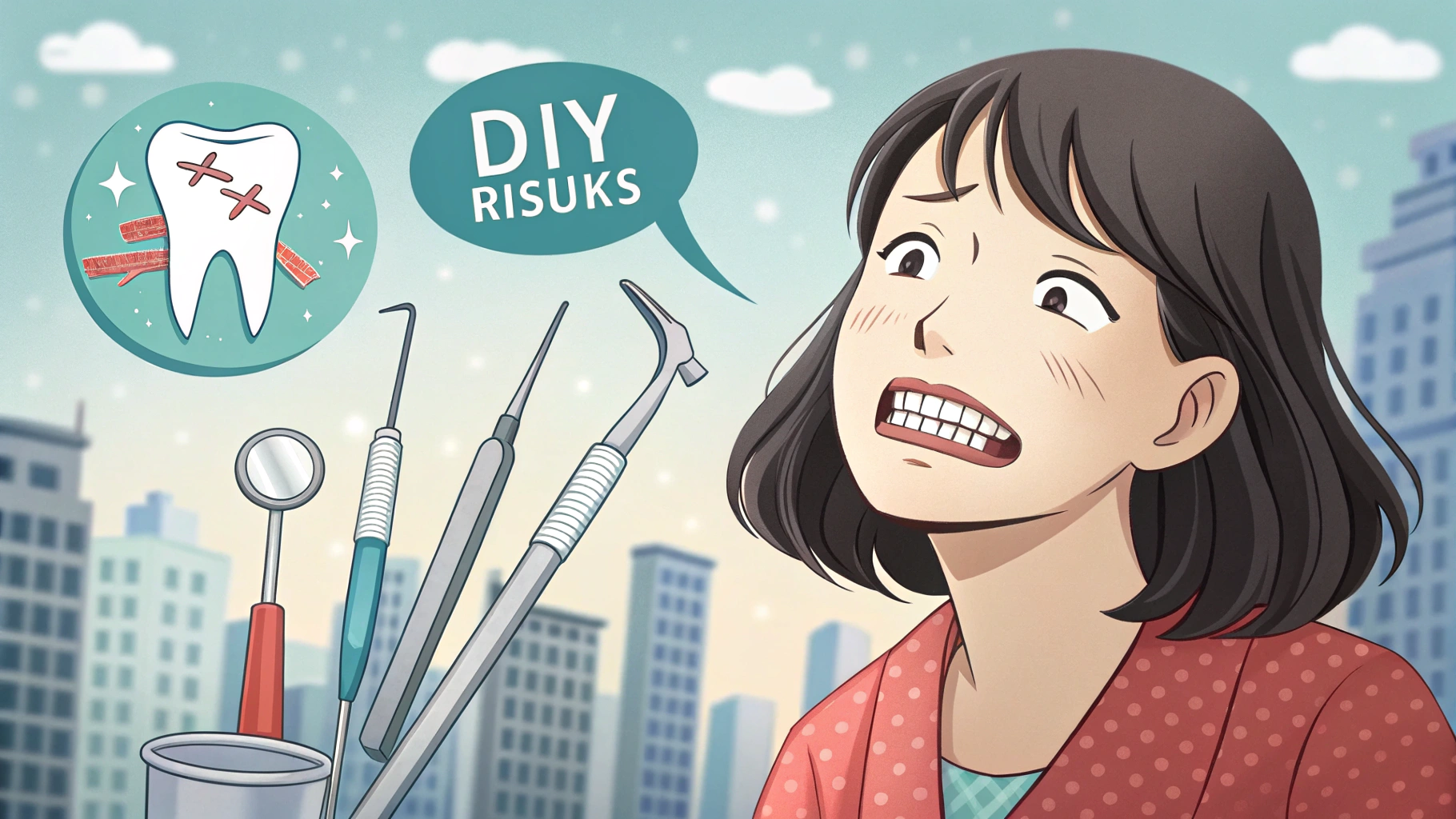 自分で歯の治療をすることの危険性を訴える女性