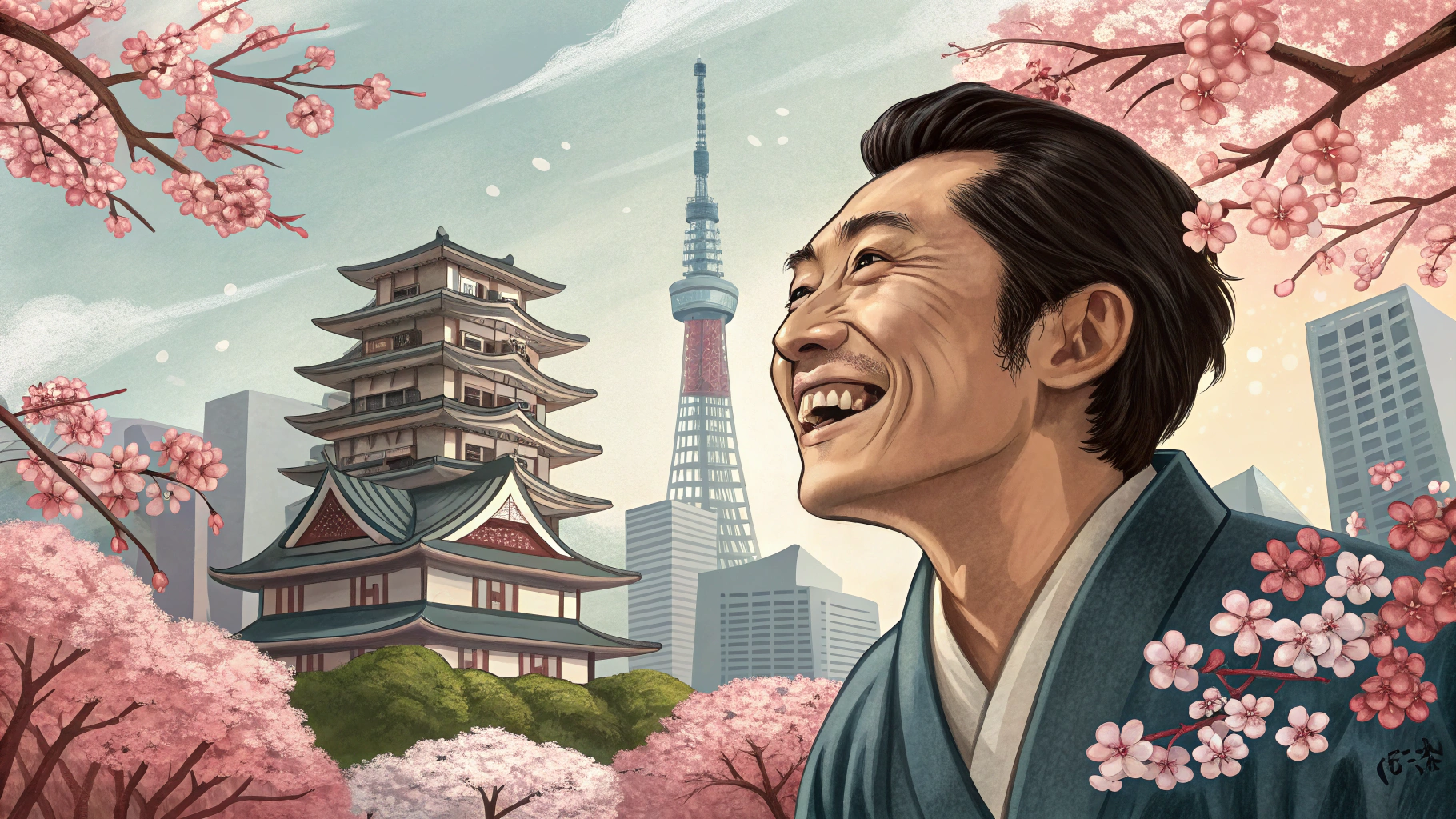 桜並木を背景に笑う男性と東京の風景