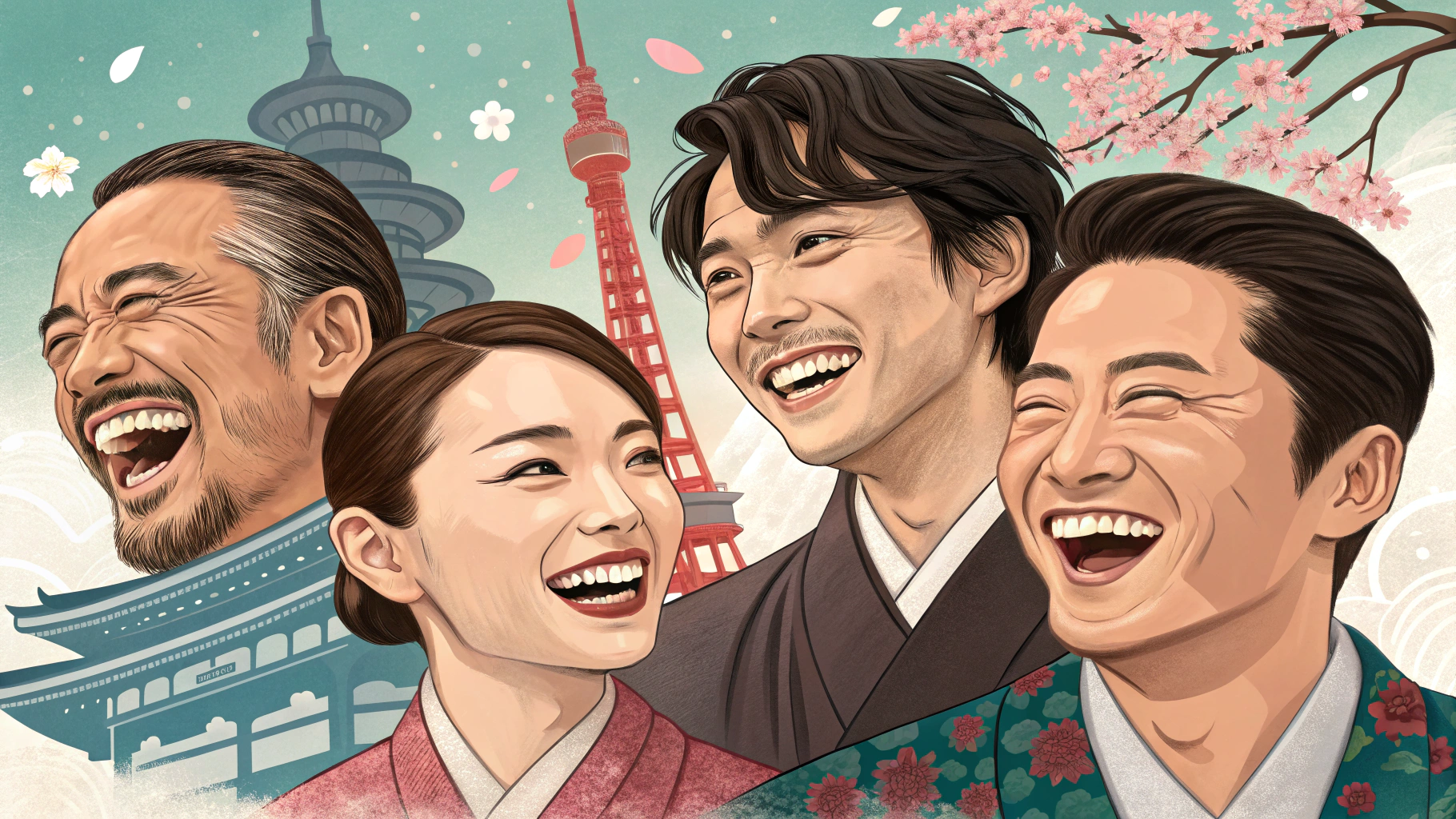 東京タワーと桜を背景に笑顔の人々