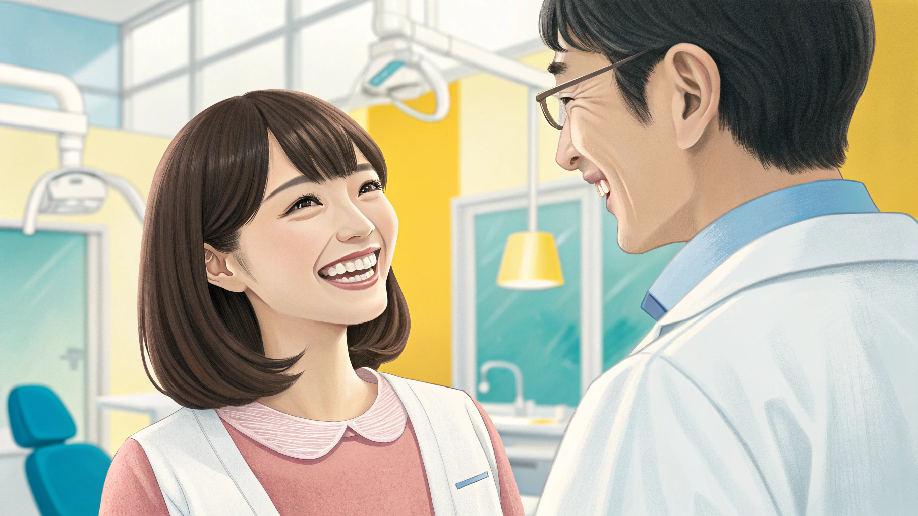 歯科医院で笑顔で話す女性と歯科医