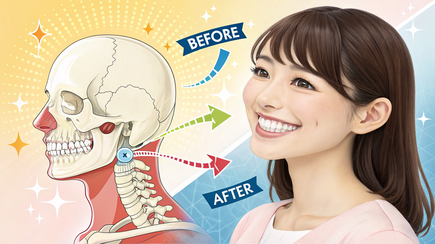 頭部の骨格と歯列矯正で笑顔になった女性