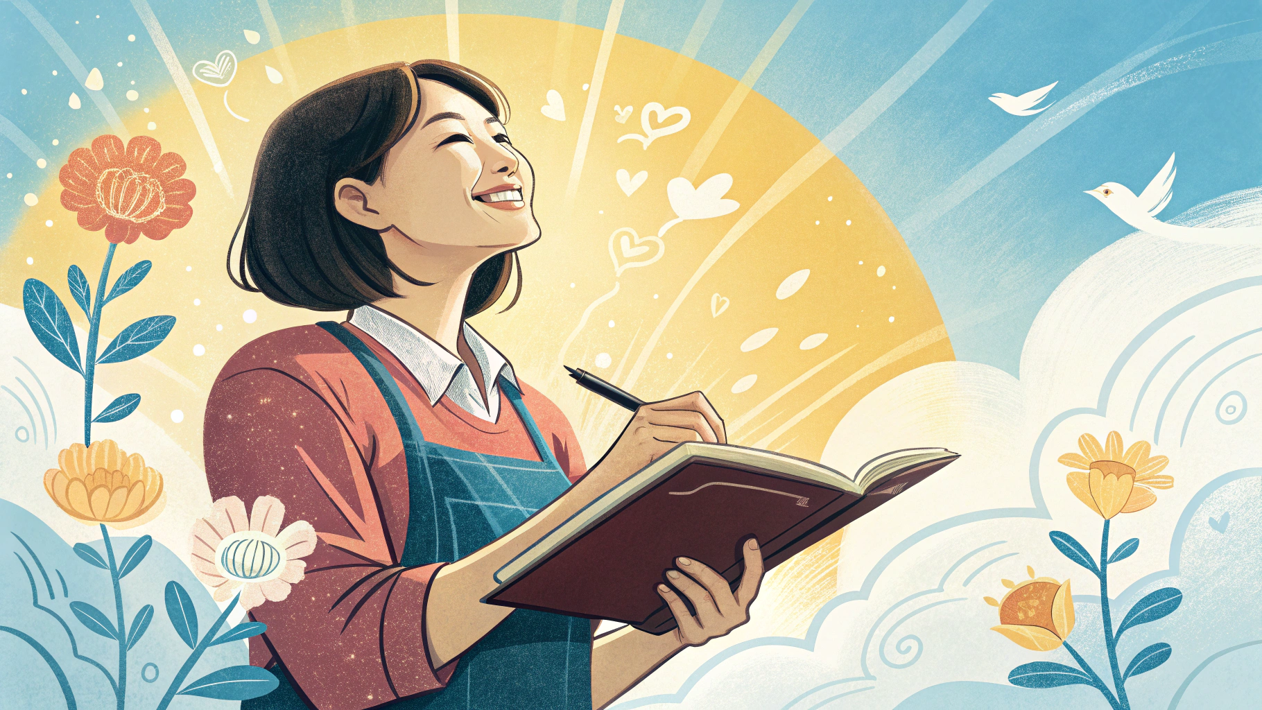 太陽の光を浴びながら笑顔でノートに書く女性と花鳥
