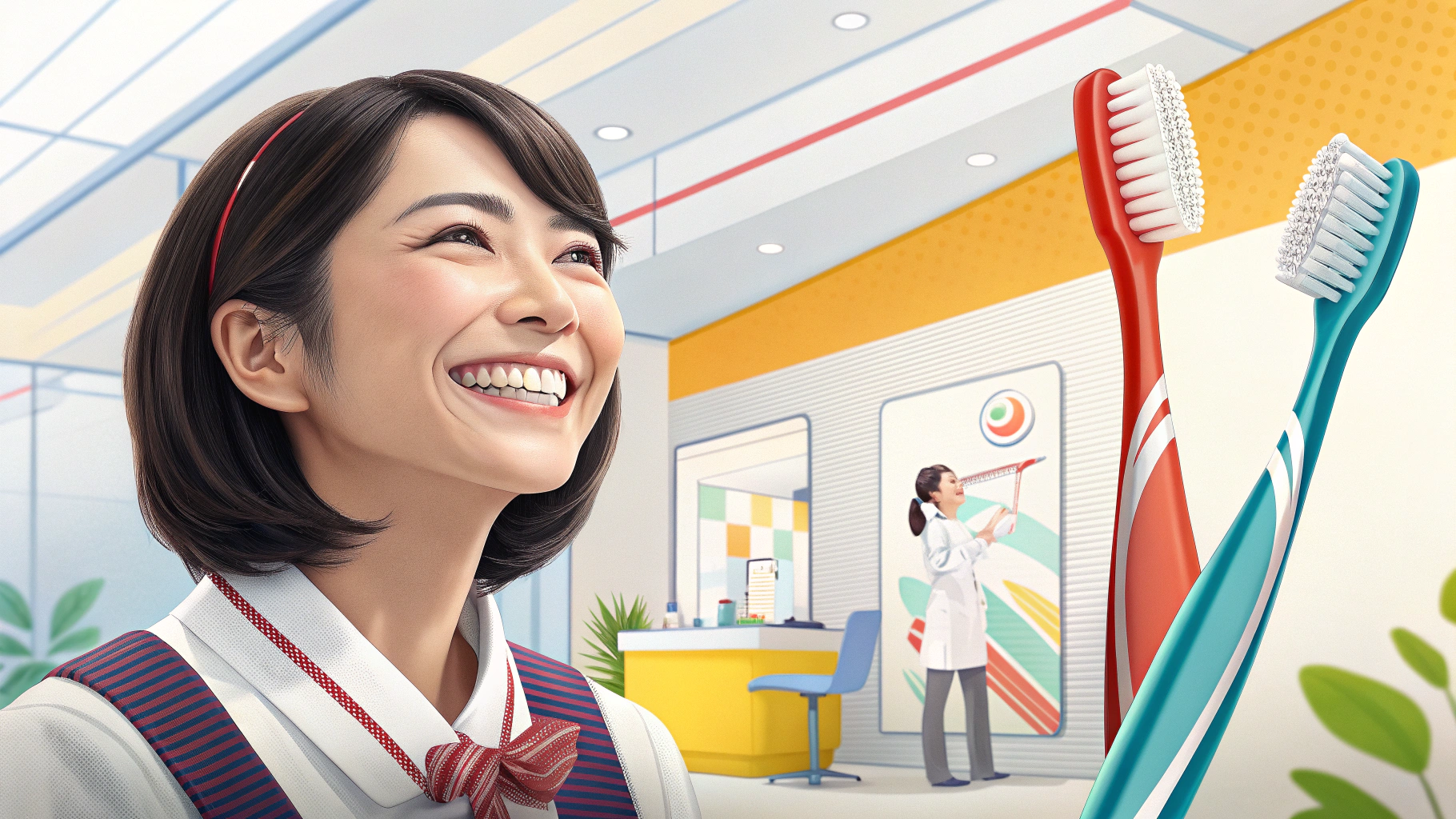 笑顔の女性と歯ブラシ